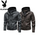 Playboy (PLAYBOY) Leather Men's Jacket 2025 New Autumn and Winter Trendy Brand Plus Velvet Warm and Handsome Fake Two-piece Detachable Hooded Leather Jacket Brown M