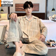 Modale High-End-Männer mit reiner Baumwollschlafkleidung. Frühlings- und Herbststil 2025 Neuer Herbst- und Winter-Langarm-Gelegenheitsanzug Home Clothing Hauptbildmodell LMK: 12202 Khaki Textur reines Baumwoll-Strickjacken Langarmierer XL 130-150jin [Jin gleich 0,5 kg]