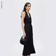 Langzi v-neck halterneck light dress design fishtail dress high-end temperament skirt 2025 winter new style black M