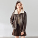 TERRE BLEUE Small velvet thickened leather jacket for women 2025 winter fashion high-end loose versatile jacket coffee color M