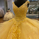 Colorful gauze evening dress European and American tutu skirt double shoulder V-neck off-shoulder princess dress yellow prom party dress picture color XS