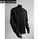 Si Yan high-end gray American cleanfit Henry shirt men's waffle long-sleeved T-shirt right shoulder small neckline bottoming sweatshirt black XL135-150Jin Jin equals 0.5 kg one size