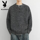 PLAYBOY Sweater Men's Autumn and Winter Casual Loose Warm Henley Collar Pullover Sweater Outdoor Top Dark Gray 2XL