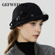 GEFWEIMKL Merino Wool Basin Hat Women's Autumn and Winter New French Style Wool Top Hat Women's Mesh Flower Lady Hat Black One Size (56-58cm)