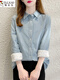 Woodpecker velvet shirt for women 2026 autumn and winter new casual fashion thickened warm and cotton inner with integrated velvet bottoming top blue M