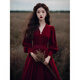 Xinyoujie 2025 velvet long-sleeved French high-end dress female bride wedding toast dress 2026 burgundy S