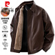 Pierre Cardin Jacket Men's Autumn and Winter Velvet Lapel Trendy Warm Casual Loose Leather Jacket Brown L