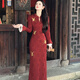 Spring Man 2025 red new Chinese style butterfly embroidered cheongsam long sleeve dark pattern jacquard red long skirt dress red cheongsam L