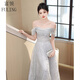 Fu Ling New Year's Day Party Strapless Evening Dress One Shoulder Women 2026 New Style Light Luxury Niche High-end Graduation Host Adult Silver Gray 3XL