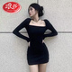 Langsha black square neck arm-wrapped short skirt with hot girl long sleeves slimming retro temperament sexy bottoming knitted dress for women black L