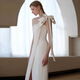 Evening dress European and American ladies popular one-shoulder high slit white long dress milky white S U2