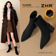 ZHR short boots women's retro thin women's boots winter plus velvet thick high heel suede ankle boots pointed toe elastic boots BL652A black 38