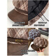 Wanjia Zhenmeilad coffee plaid octagonal beret women's autumn and winter big head circumference showing face small literary newsboy painter hat coffee plaid