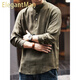 ElegantMan high-end vintage linen blended men's long-sleeved shirt autumn new Chinese Henry collar shirt Green M _Suitable for 110-130Jin Jin equals 0.5kg