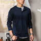 ElegantMan American retro royal blue cotton long-sleeved henley T-shirt open collar tough guy outer wear henley collar bottoming shirt men's autumn royal blue M