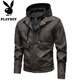 Playboy (PLAYBOY) Leather Men's Jacket 2025 New Autumn and Winter Trendy Brand Plus Velvet Warm and Handsome Fake Two-piece Detachable Hooded Leather Jacket Brown M