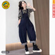 G.DUCKKIDS Girls Spring and Autumn Overalls Set New Medium and Large Children's Forest Striped Bottoming Denim Overalls Two-piece Set Official Flagship Striped Bottoming + Denim Overalls 160