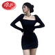 Langsha black square neck arm-wrapped short skirt with hot girl long sleeves slimming retro temperament sexy bottoming knitted dress for women black L