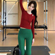 Double Show 2025 Super Hot Yoga Wear Set, Beautiful Pilates Long Sleeve Women's Padded Red New Year's and Christmas Fitness Top Ankora Red Top S 80-100