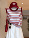Plus Size Women's Red Striped Sleeveless Knitted Vest Summer Fat Millimeters Slim Appearance Wear Inside Out and Wear Beautiful Red Striped Tops Huge Good-Looking Sleeveless Tops M 80-100Jin Jin is equal to 0.5kg