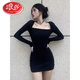Langsha black square neck arm-wrapped short skirt with hot girl long sleeves slimming retro temperament sexy bottoming knitted dress for women black L