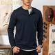 ElegantMan American retro royal blue cotton long-sleeved henley T-shirt open collar tough guy outer wear henley collar bottoming shirt men's autumn royal blue M