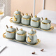 Seasoning jar set combination household Nordic light luxury seasoning box storage jar salt MSG ceramic jar kitchen storage rack emerald-set (3 jars + 1 tray + 3 spoons)