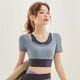 Summer Slim Fake Two Piece Pilates Yoga Short Sleeve Top Women's Quick Dry Running Training Fitness Clothing Set Blue - Short Sleeve Fixed Chest Pad 2XL 2XL Size 130 Jin Jin equals 0.5 kg -145 Jin Jin equals 0.5 kg