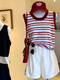 Plus Size Women's Red Striped Sleeveless Knitted Vest Summer Fat Millimeters Slim Appearance Wear Inside Out and Wear Beautiful Red Striped Tops Huge Good-Looking Sleeveless Tops M 80-100Jin Jin is equal to 0.5kg