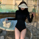 Surfing turtleneck one-piece swimsuit for women UPF50+ long-sleeved sun protection wetsuit quick-drying jellyfish 2025 new swimming albumin+swimming goggles+ear plugs and nose clip M