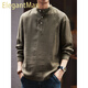 ElegantMan high-end vintage linen blended men's long-sleeved shirt autumn new Chinese Henry collar shirt Green M _Suitable for 110-130Jin Jin equals 0.5kg