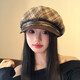 Wanjia Zhenmeilad coffee plaid octagonal beret women's autumn and winter big head circumference showing face small literary newsboy painter hat coffee plaid