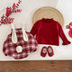 Baby girl's winter clothing plus velvet red New Year's romper plaid overalls khaki baby New Year's greetings attire baggy robe red khaki 66cm 66cm