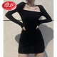 Langsha black square neck arm-wrapped short skirt with hot girl long sleeves slimming retro temperament sexy bottoming knitted dress for women black L