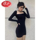Langsha black square neck arm-wrapped short skirt with hot girl long sleeves slimming retro temperament sexy bottoming knitted dress for women black L