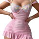 Orange Central Embroidery Desire Mesh Suspender Skirt Thong Perspective Temptation Bead Chain Set Pink S
