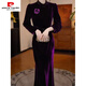 Pierre Cardin velvet thickened rayon velvet dress 2025 autumn and winter new temperament waist slimming western style dress skirt purple 2XL recommended 125-135Jin Jin equals 0.5 kg