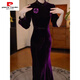 Pierre Cardin velvet thickened rayon velvet dress 2025 autumn and winter new temperament waist slimming western style dress skirt purple 2XL recommended 125-135Jin Jin equals 0.5 kg