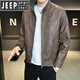 JEEP SPIRIT Velvet Leather Men's Jacket Autumn and Winter 2025 New Trendy Brand Handsome Slim Stand Collar Thickened Warm Leather Jacket Men Black Velvet M