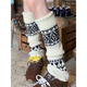 Complete antique white Fair Isle wool socks for women, thickened and warm cuffed socks, autumn and winter knitted knee pads and leg covers, off-white one piece