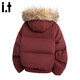CHOCOOLATE it red fur collar hooded casual versatile bread coat men's winter warm and cold-proof loose cotton jacket red 3XL recommended 165-185Jin Jin equals 0.5 kg