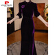 Pierre Cardin velvet thickened rayon velvet dress 2025 autumn and winter new temperament waist slimming western style dress skirt purple 2XL recommended 125-135Jin Jin equals 0.5 kg