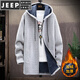 JEEP SPIRIT mid-length velvet jacket men's autumn and winter knitted sweater cardigan thickened hooded windbreaker men's jacket 8819 black M