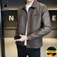 Playboy velvet thickened leather jacket for men, autumn and winter trendy brand 2025 new slim fit label design PU leather jacket for men, coffee color L