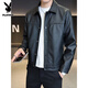 Playboy velvet thickened leather jacket for men, autumn and winter trendy brand 2025 new slim fit label design PU leather jacket for men, coffee color L