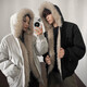 Mountain carving cotton coat fur collar hooded men's autumn and winter loose trendy pleated design warm couple cotton coat khaki 2XL
