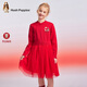 Hush Puppies children's clothing girls' dress medium and large children's sweet long-sleeved dress New Year's greetings dress New Year's style classic red 150