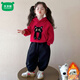 Mumuwu Girls' Velvet Autumn and Winter Clothes 2026 New Children's Casual Hooded Sweatshirt Cute Baby Thickened Warm Two-piece Set Red 90