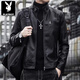 Playboy (PLAYBOY) leather jacket men's stand collar Haining trendy brand handsome casual autumn and winter motorcycle leather jacket large size coat A609 black without velvet L 105-120Jin Jin equals 0.5 kg