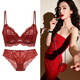 Victoria Palace Sexy Underwear Floral Lace Ultra-Thin Sponge-free Gathering Breasts Women's New Year Red Bra Cover Black Set Bra + Underwear 70C/32C with S Size Underwear